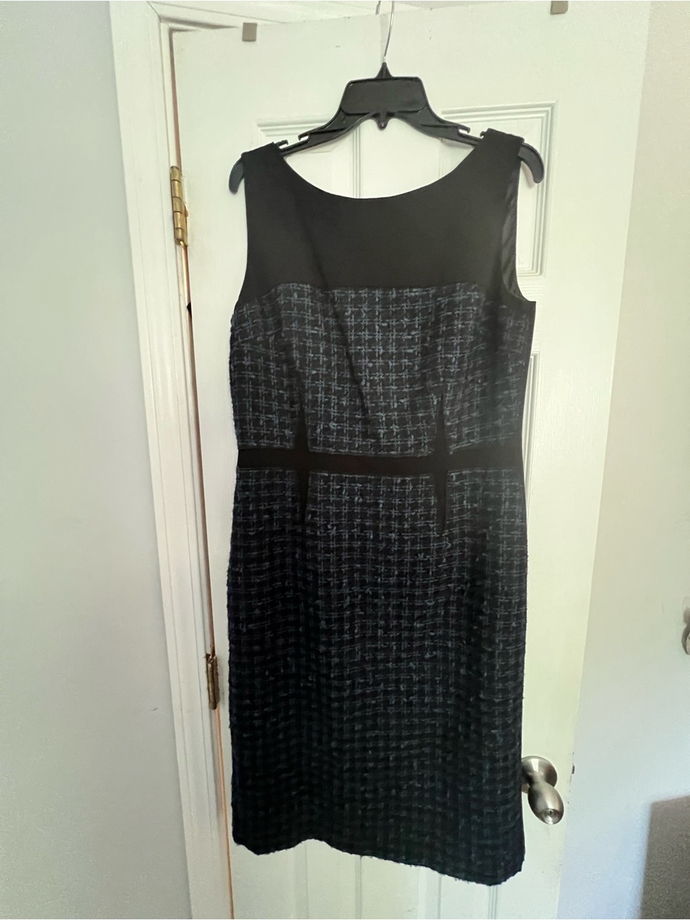 Tory Burch Black and Navy Tweed Midi Sheath Dress